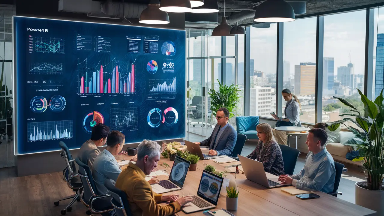 Tela digital com dashboards do Power BI em um escritório moderno com pessoas colaborando em uma mesa de conferência.