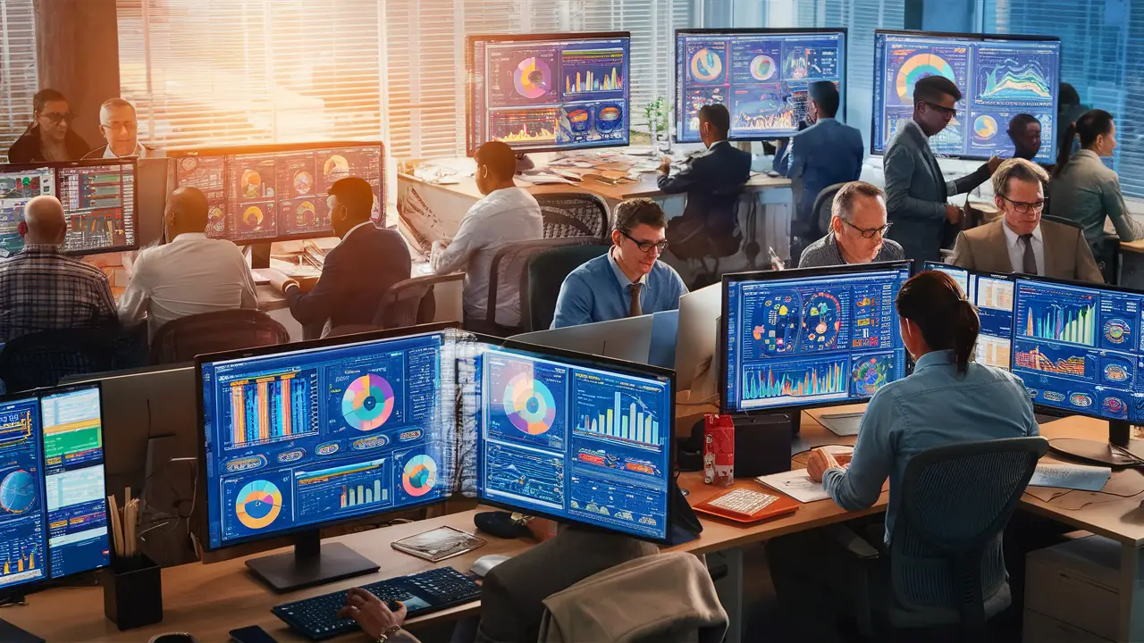 Profissionais analisam dashboards coloridos do Power BI em telas de computador no escritório.