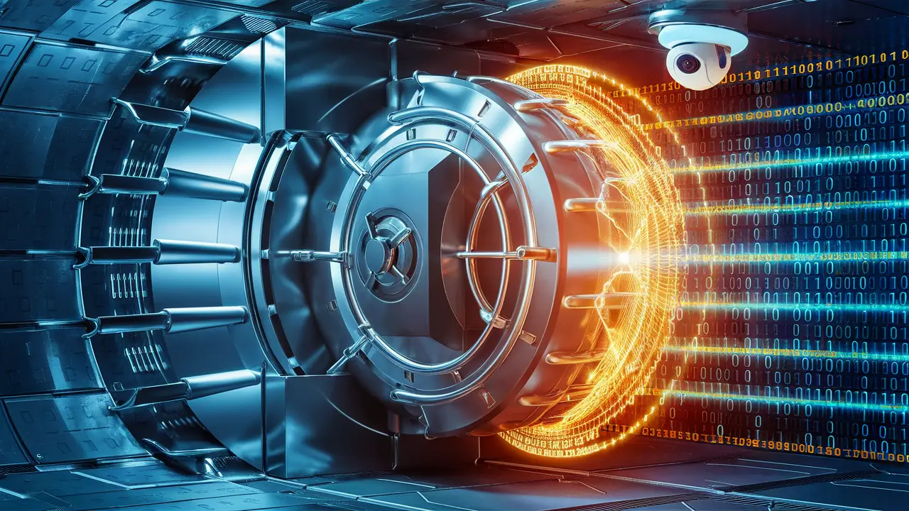 Um cofre digital fortificado com painéis metálicos e padrão de código binário ao fundo.
