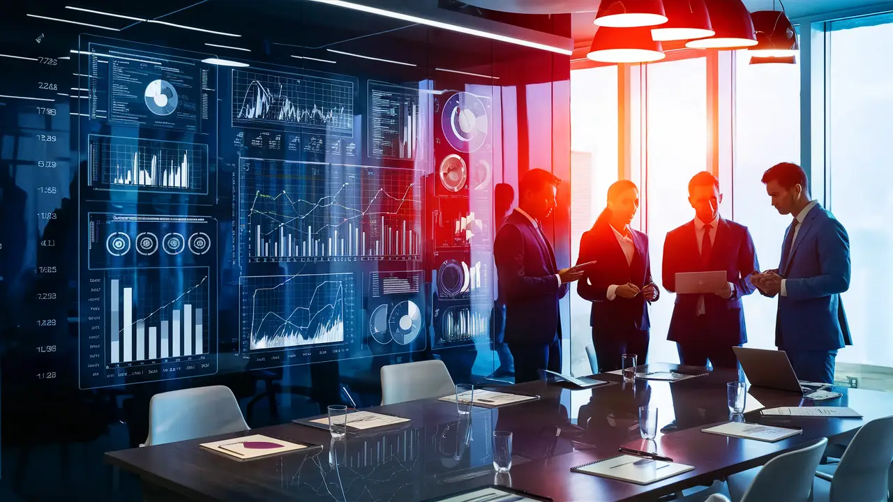 Profissionais de negócios discutindo dados em um escritório com um grande painel digital na parede.