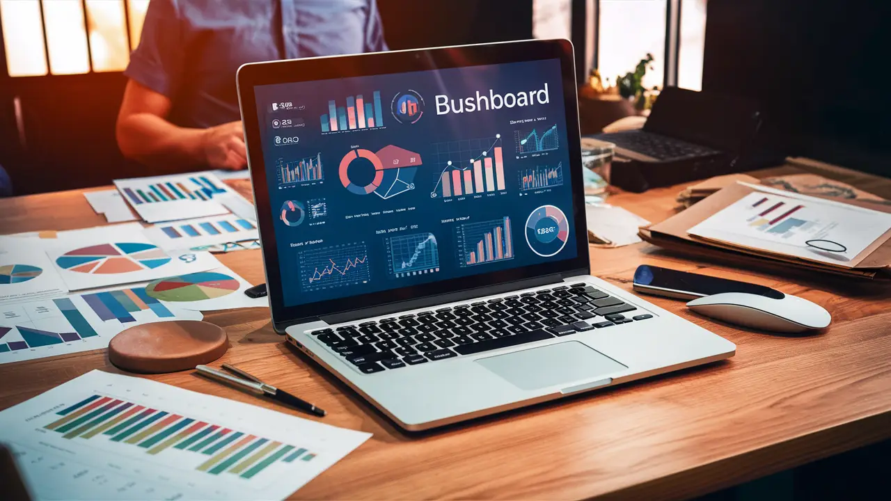 Notebook com dashboard de negócios exibido na tela, cercado por gráficos coloridos e ícones analíticos sobre mesa de madeira.