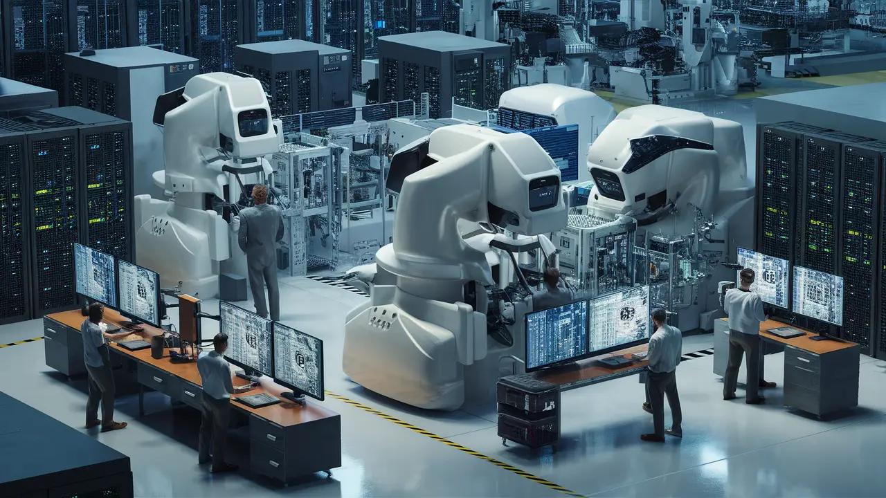 Fábrica moderna com máquinas automatizadas e trabalhadores analisando dados em telas digitais.