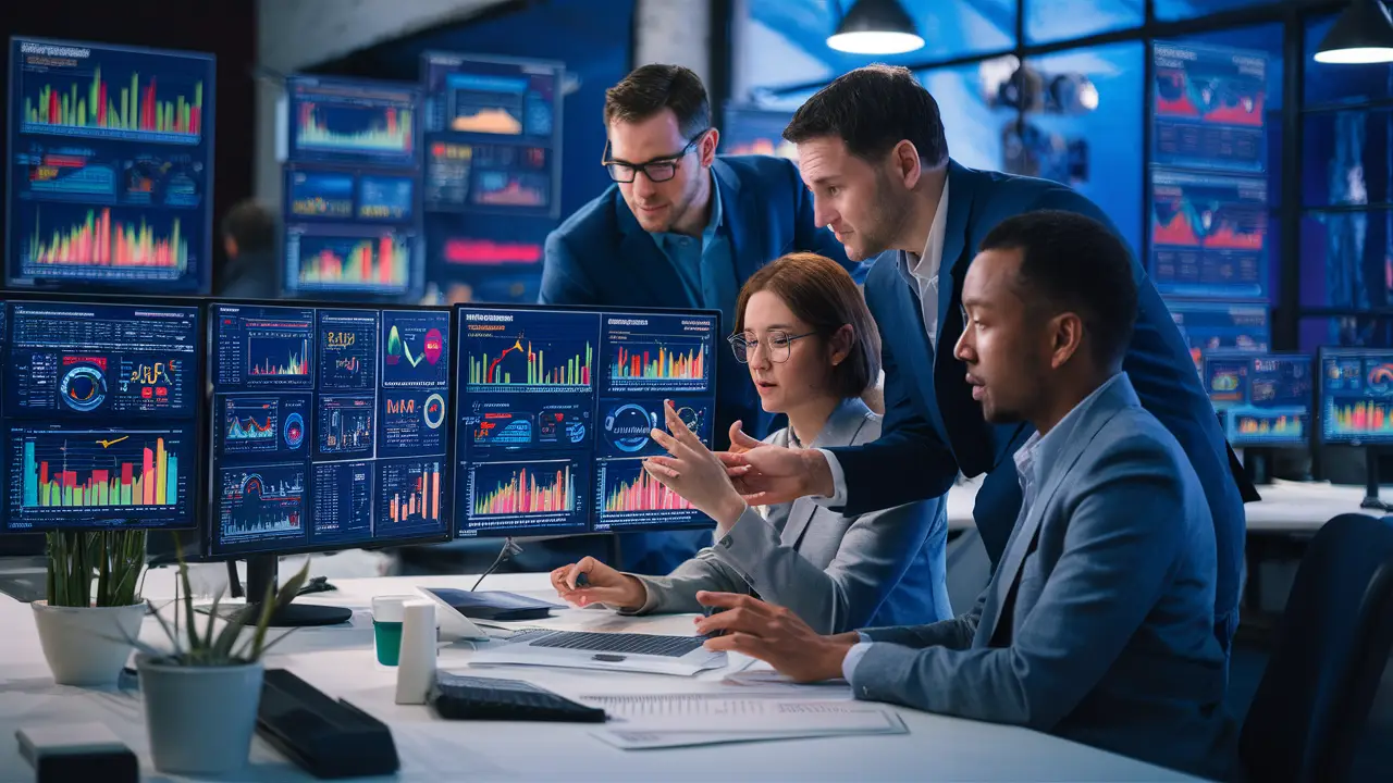 Profissionais de negócios analisando visualizações de dados em monitores grandes com gráficos coloridos.