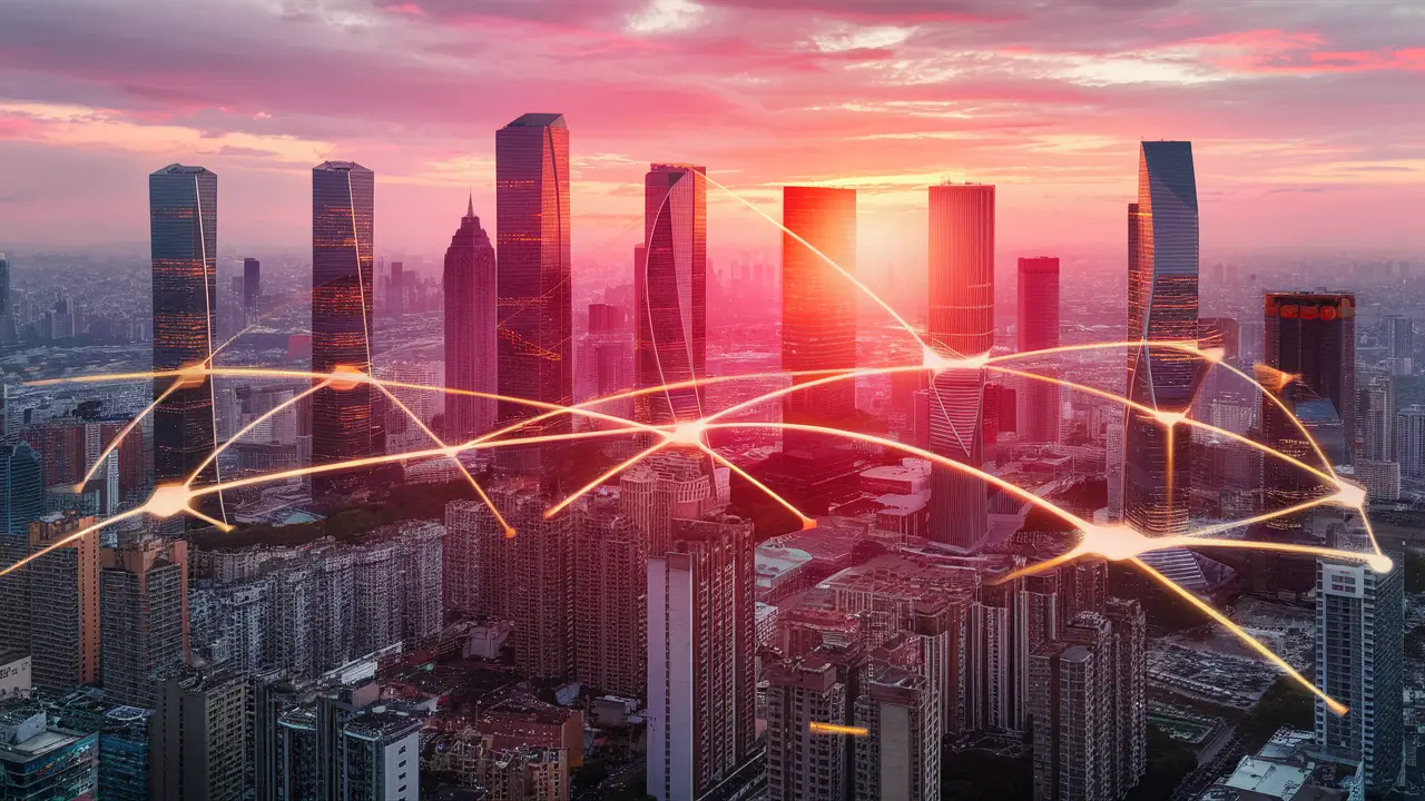 Arranha-céus interconectados ao pôr do sol simbolizando integração urbana.