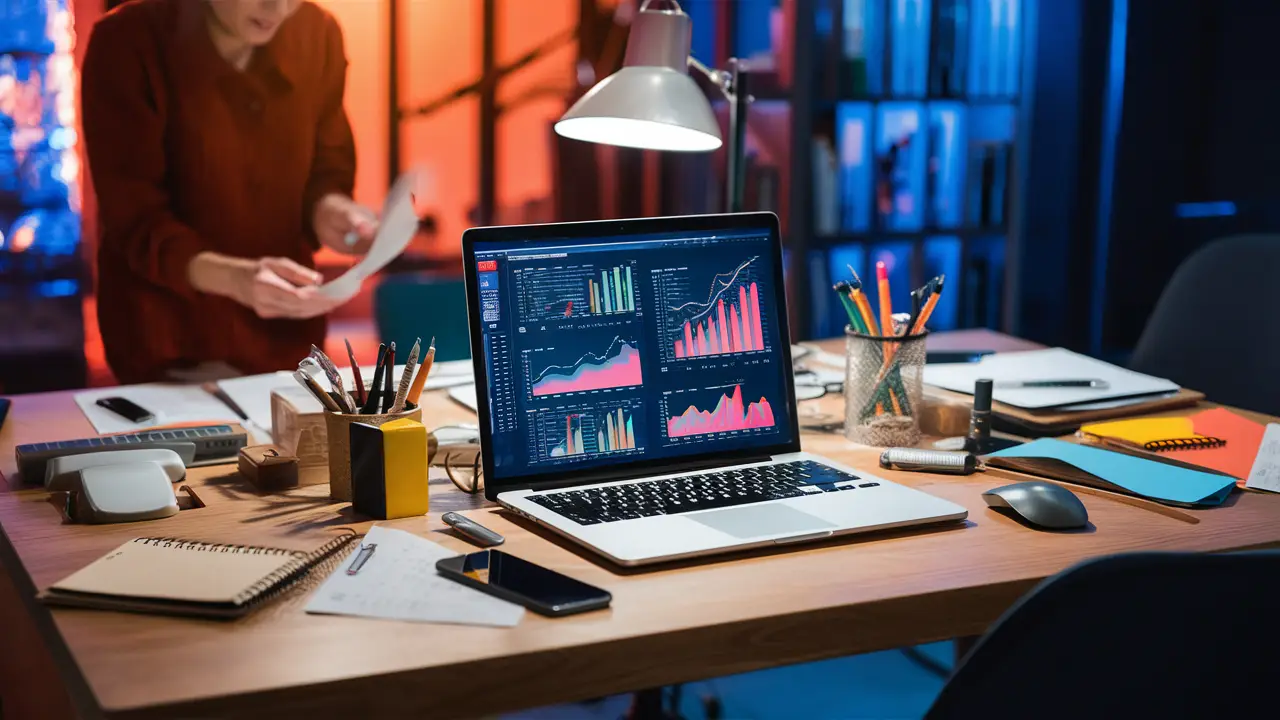 Laptop mostrando gráficos do Power BI em mesa de escritório com ferramentas de análise de dados.