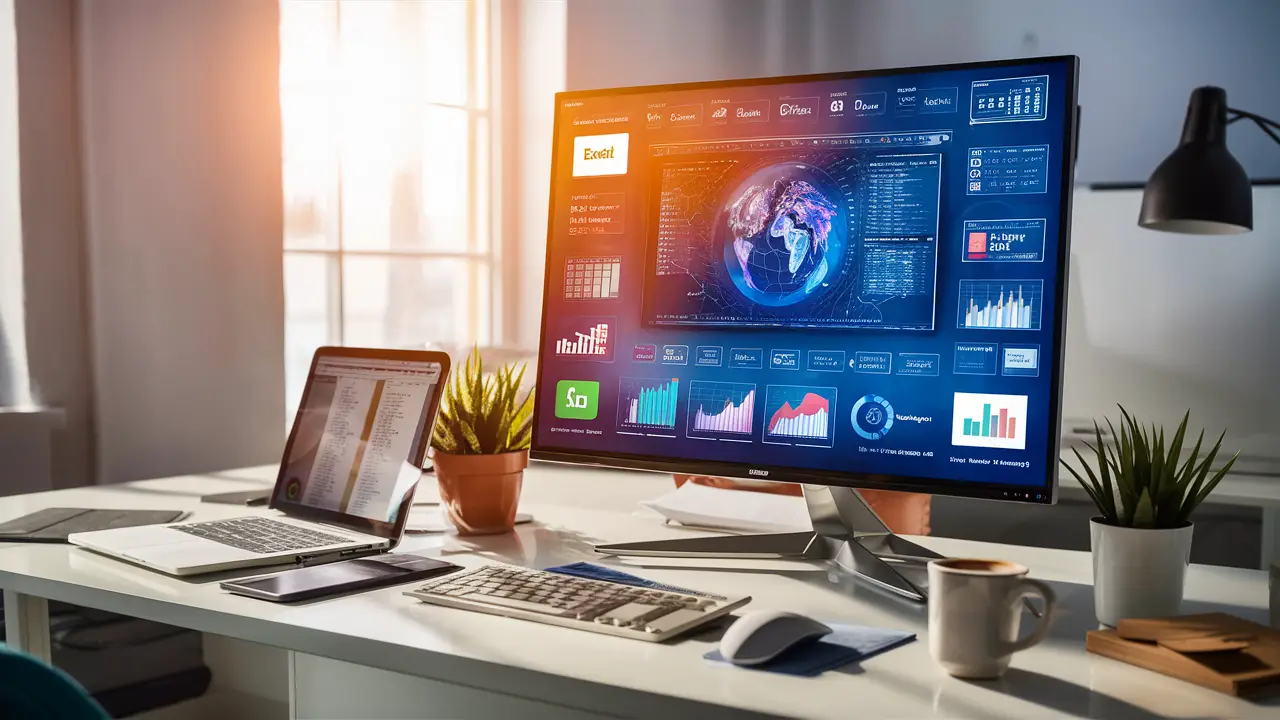 Tela de computador mostrando um dashboard do Power BI com logotipos de softwares de gestão ao redor.