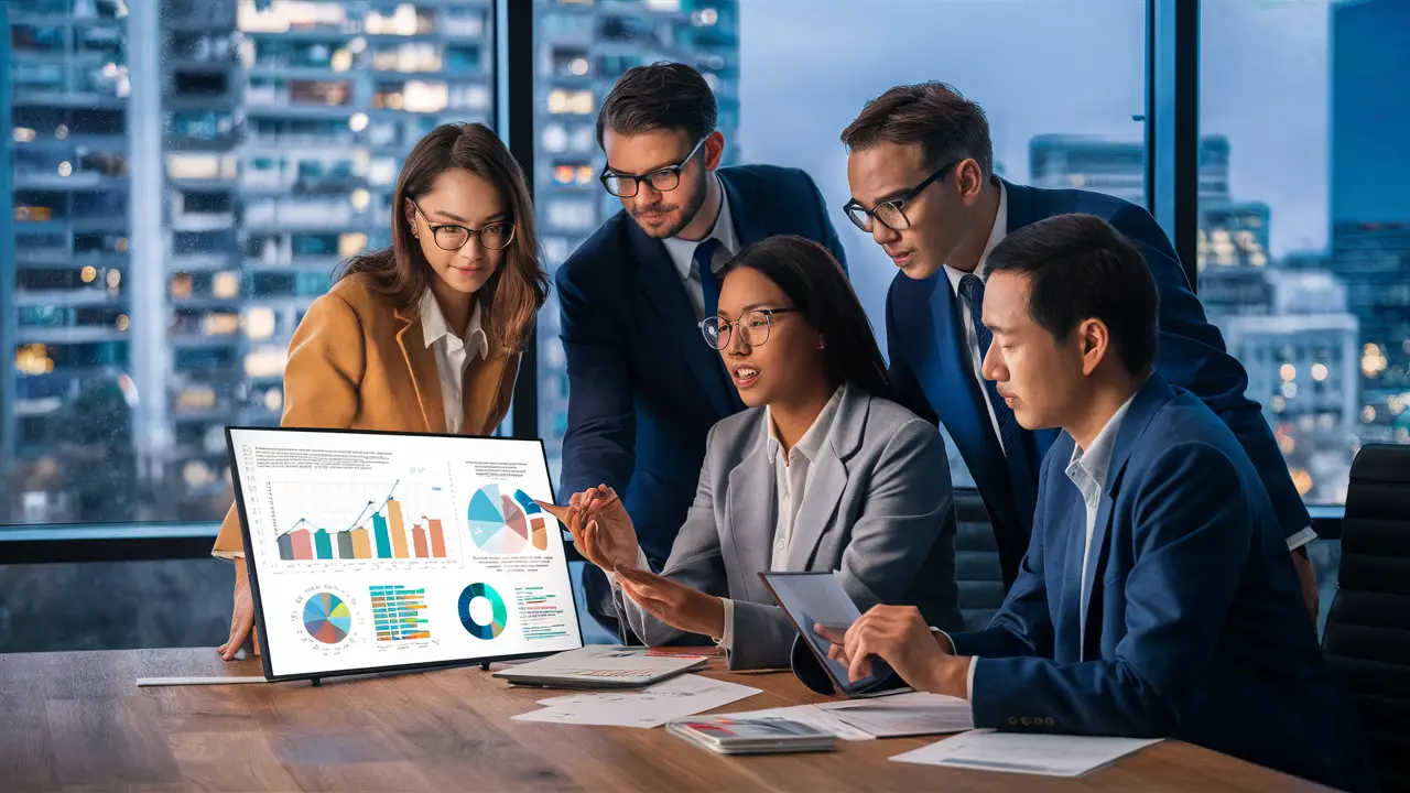 Profissionais de negócios analisando gráficos coloridos em uma tela digital em uma sala de conferências.