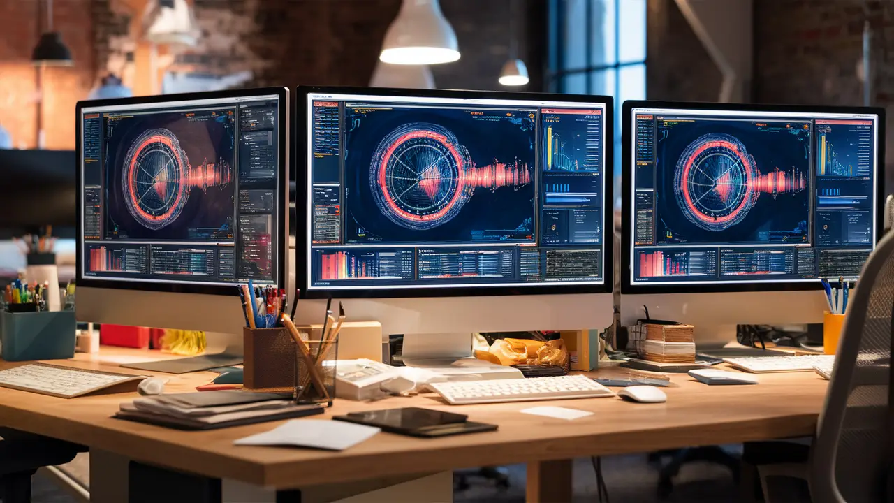 Monitores de computador exibindo painéis do Power BI em um escritório moderno.