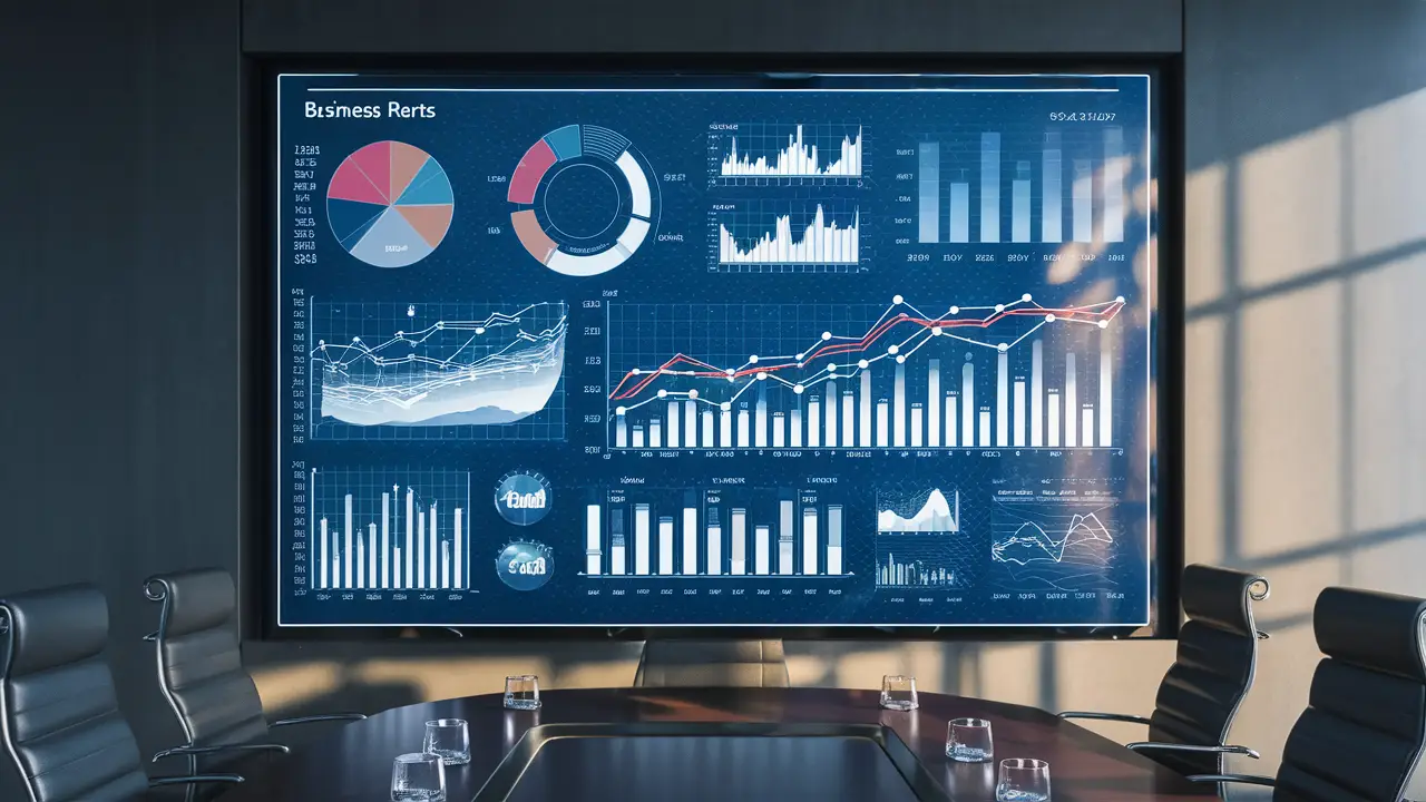 Painel digital grande com gráficos de negócios em ambiente de escritório moderno.