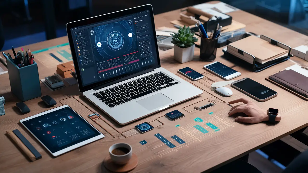 Dispositivo móvel e laptop em uma mesa de escritório moderna com tela de dashboard vibrante.