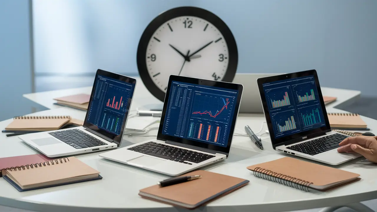 Três laptops mostrando gráficos de análise de dados em uma mesa organizada com cadernos e canetas.