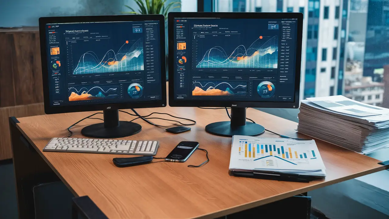 Monitores de computador exibindo dashboards do Power BI em uma mesa de escritório moderna com smartphone conectado.