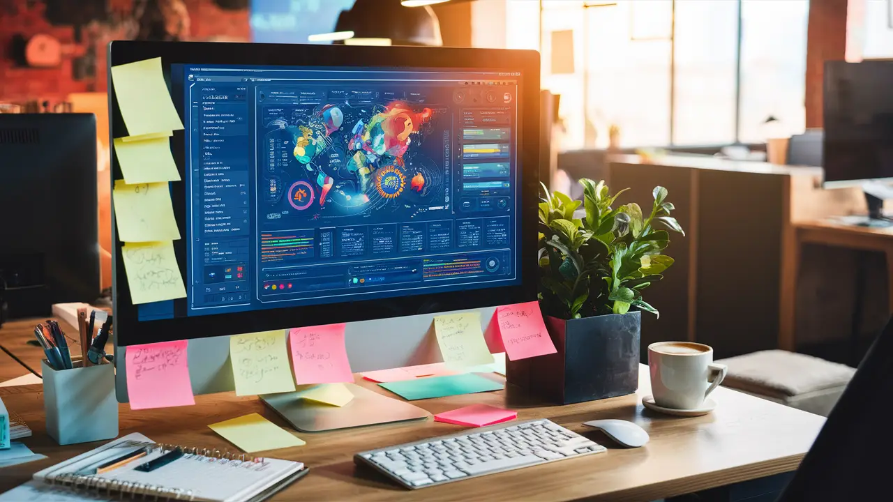 Monitor de computador mostrando um dashboard colorido, com notas adesivas e uma xícara de café na mesa.