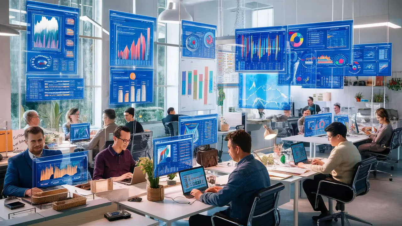Escritório moderno com funcionários trabalhando em laptops e telas mostrando dashboards do Power BI.