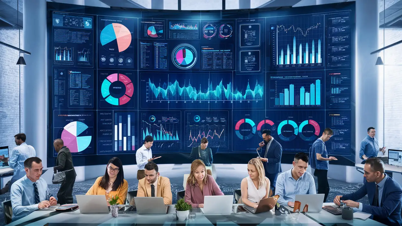 Pessoas em escritório moderno interagindo com tela digital grande exibindo gráficos e métricas complexas.