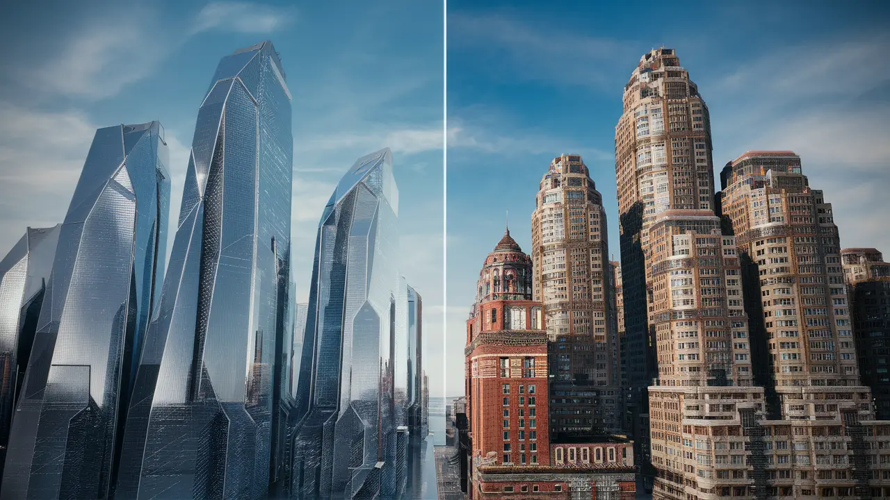 Comparação de duas paisagens urbanas futuristas com arranha-céus de vidro e aço e edifícios de tijolo e argamassa.