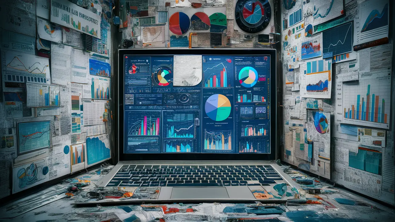 Tela de computador com dashboard confuso e gráficos sobrepostos, ilustrando erros comuns em design de dashboard.