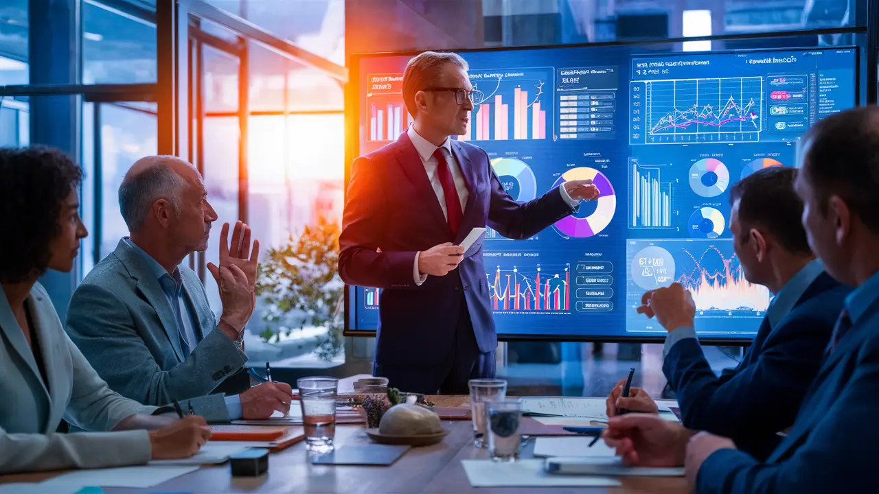 Executivo em um escritório moderno observa gráficos coloridos do Power BI enquanto colegas fazem anotações.