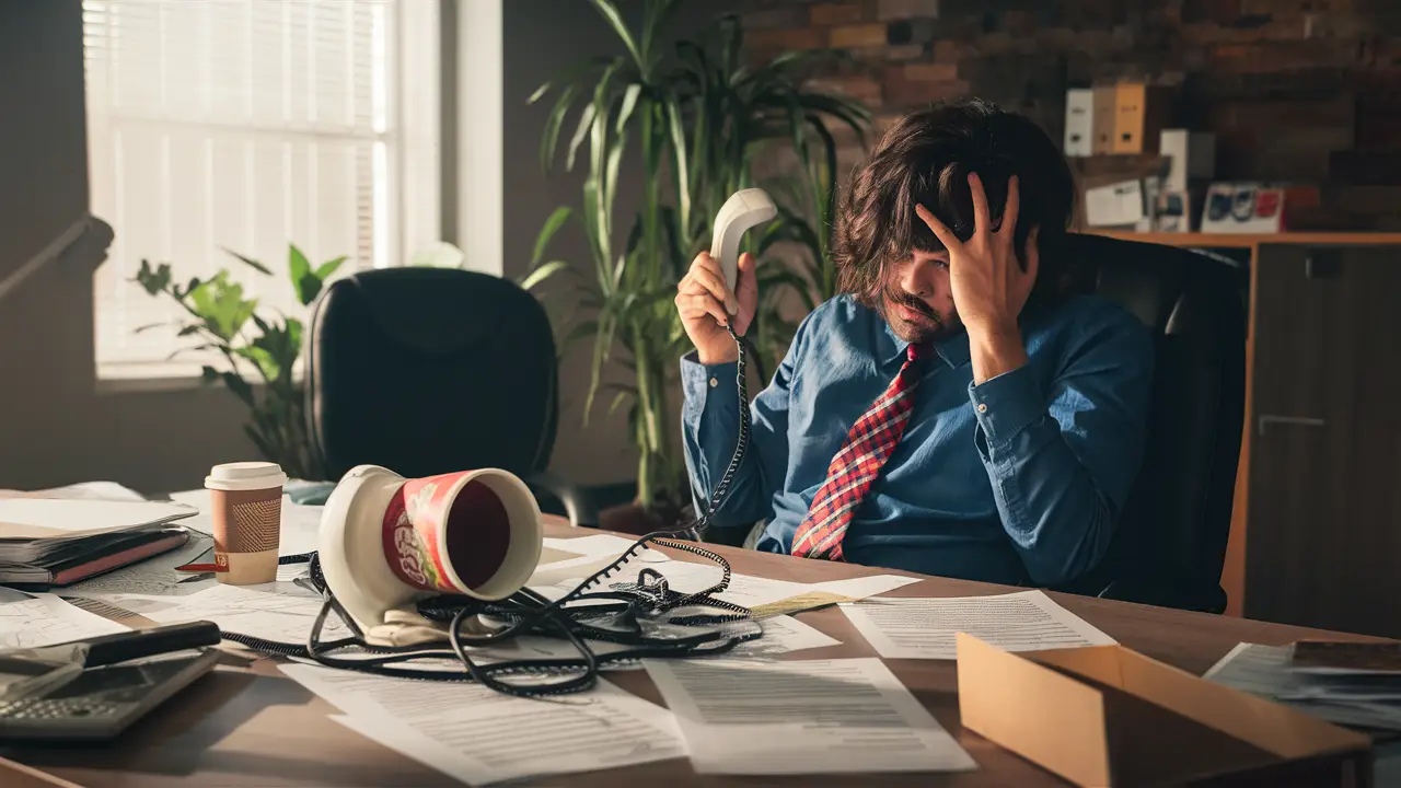 Uma mesa de escritório desorganizada com papéis espalhados, xícara de café derramada e pessoa confusa com fio de telefone emaranhado.