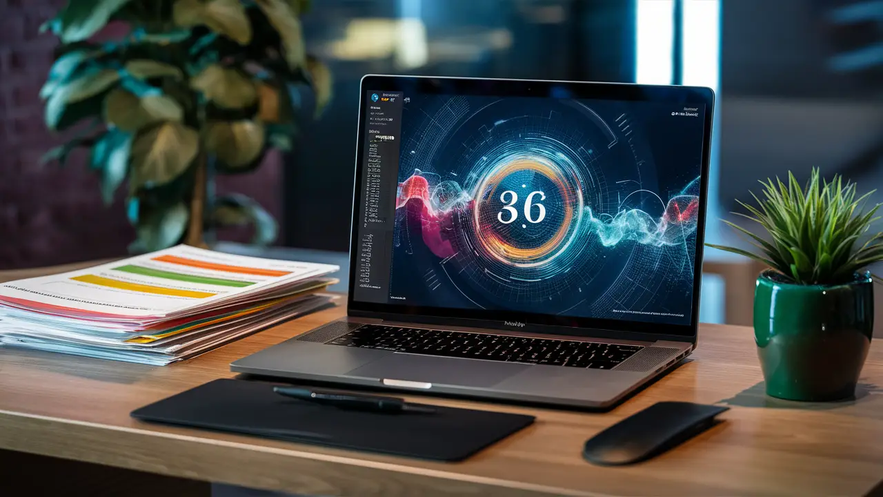 Laptop com dashboard do Power BI em uma mesa de madeira ao lado de relatórios coloridos e planta verde.
