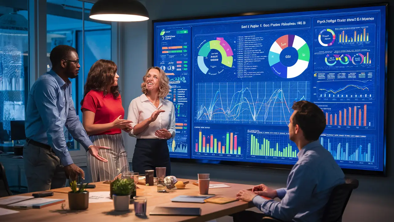 Equipe diversa analisando painel do Power BI em uma tela digital grande em ambiente de escritório.