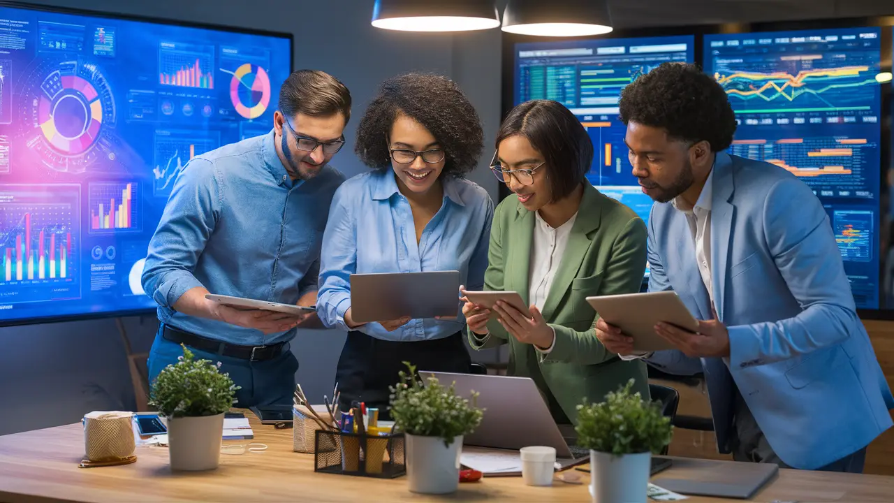 Equipe analisa visualizações de dados em tela digital em escritório moderno.