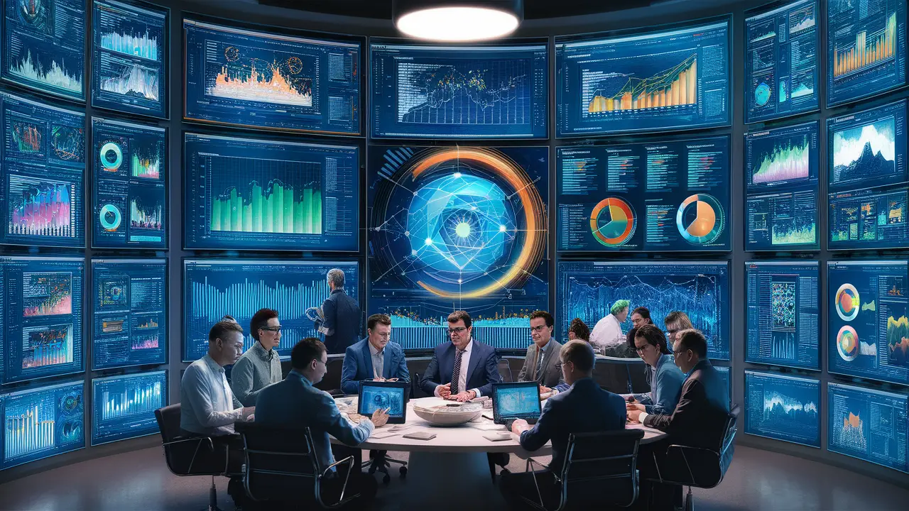 Equipe de profissionais discutindo em torno de mesas com painéis digitais complexos e gráficos em cores vibrantes.