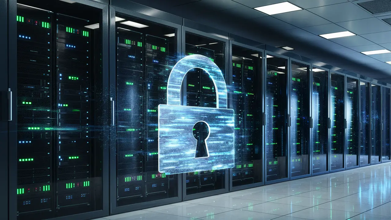 Servidores com luzes verdes e azuis piscando em um data center, com um holograma de cadeado à frente.