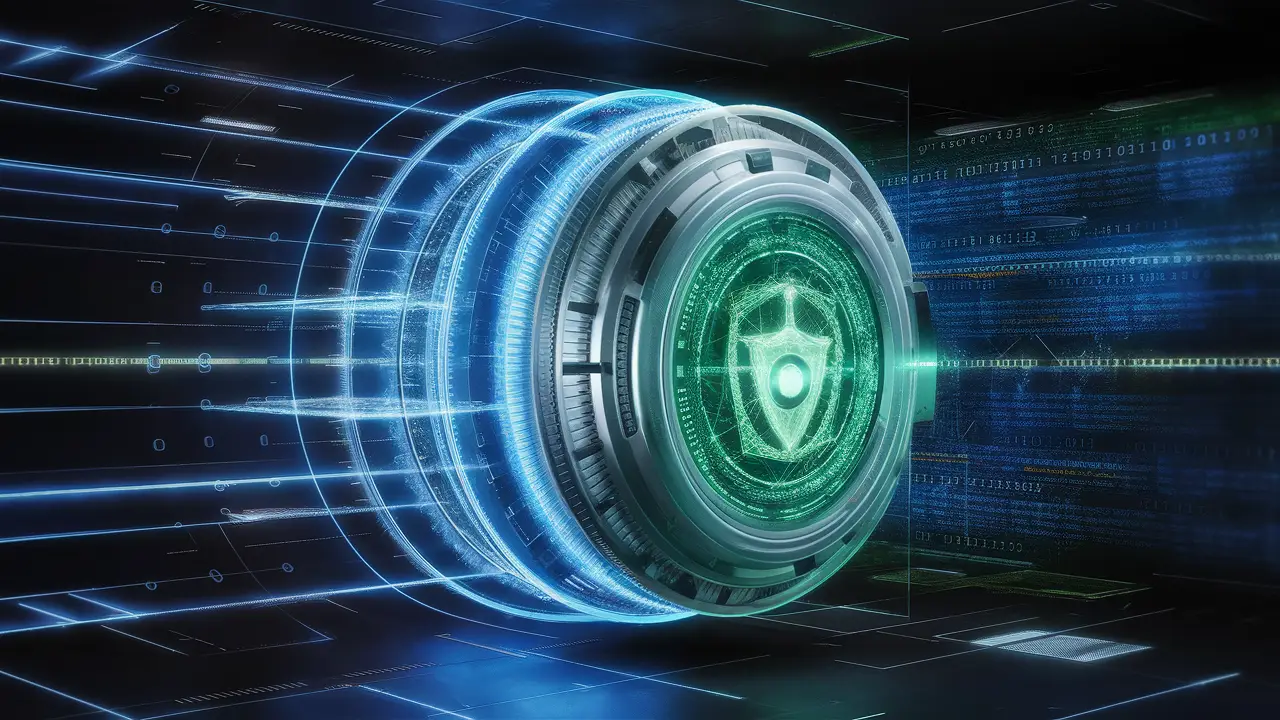 Cofre digital futurista com escudos holográficos de segurança e fluxos de dados flutuantes em fundo binário.