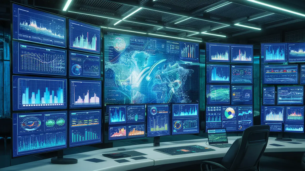 Sala de controle futurista com telas digitais exibindo análises de dados em tempo real e luzes LED azuis e verdes.