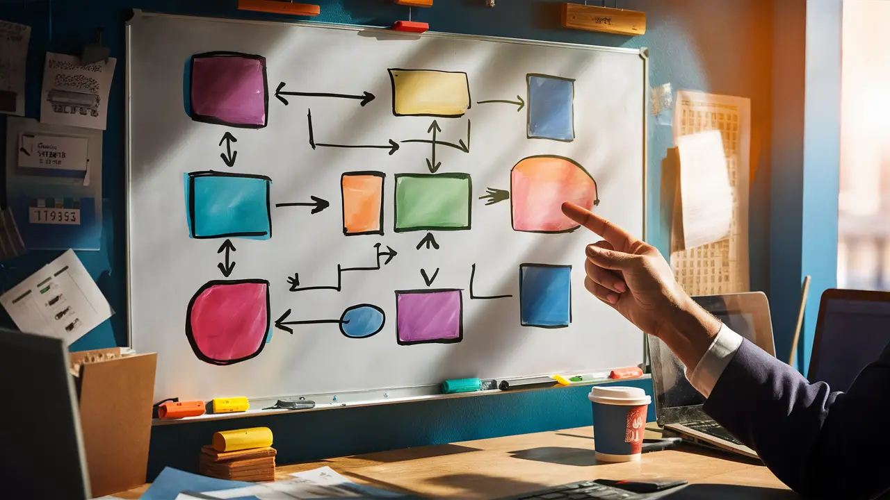 Mão apontando para fluxograma colorido em quadro branco, com laptop e xícara de café em mesa de madeira.