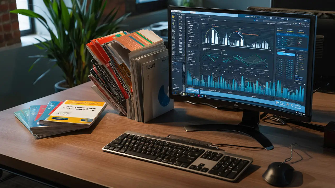 Monitor mostrando um painel do Power BI com manuais de ERP ao lado em uma mesa de escritório moderna.