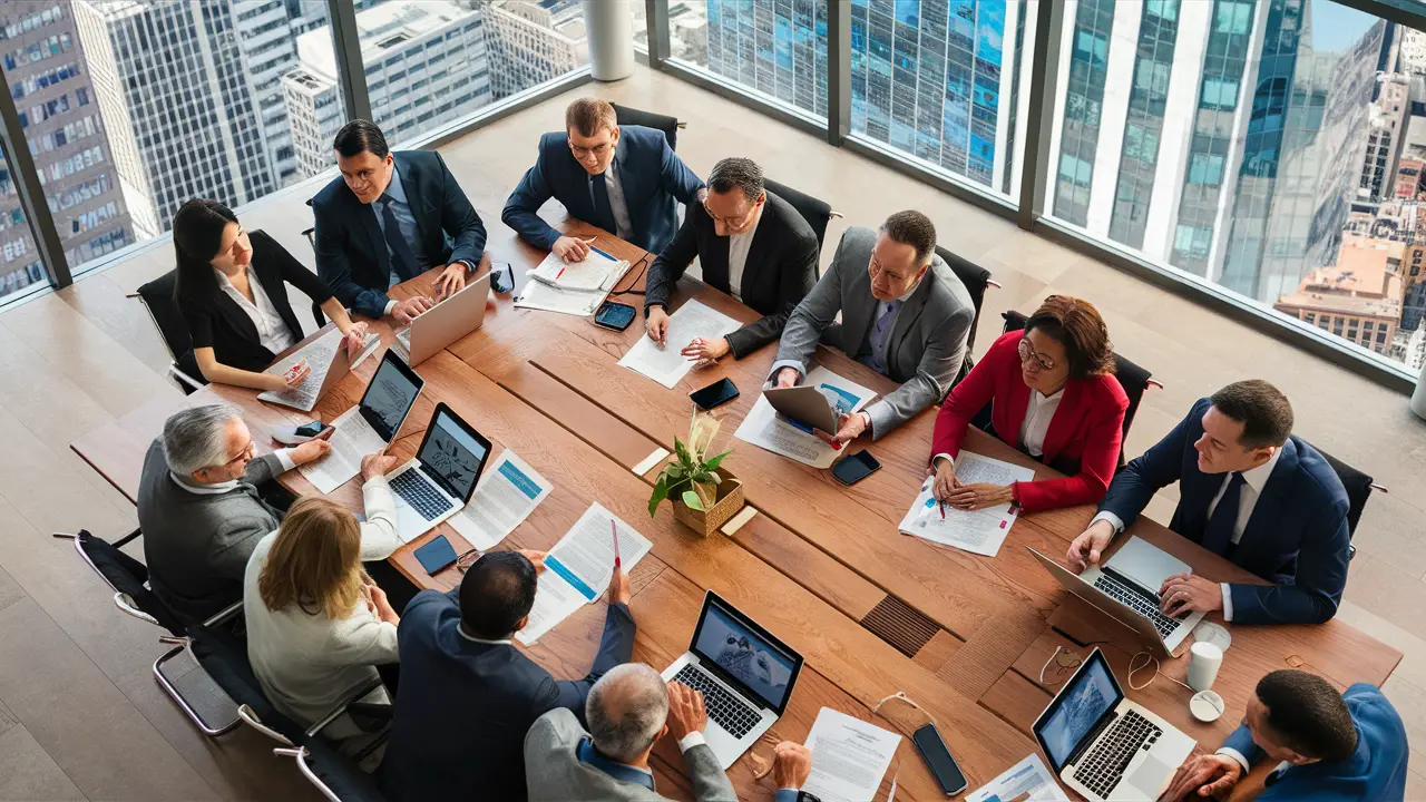 Pessoas de negócios reunidas em torno de mesa de conferência com laptops e documentos, discutindo estratégias de integração.