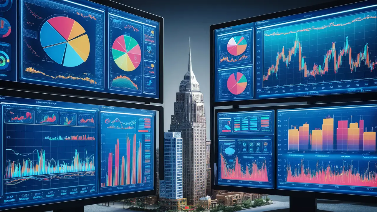 Painel digital com gráficos financeiros coloridos em monitores de computador e arranha-céus ao fundo.