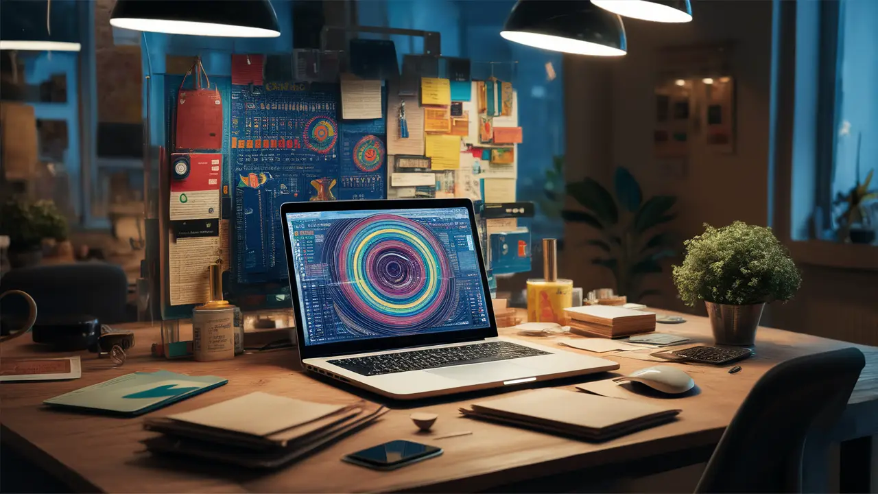 Laptop em mesa de escritório exibindo painel do Power BI, com gráficos coloridos, papéis e planta verde ao lado.