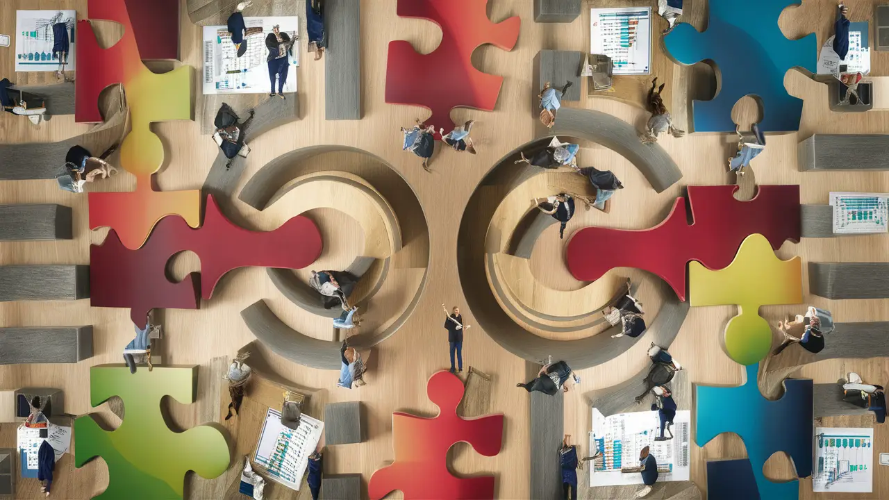 Cenário de escritório com caminhos de peças de quebra-cabeça coloridas e equipes colaborando para resolvê-las.