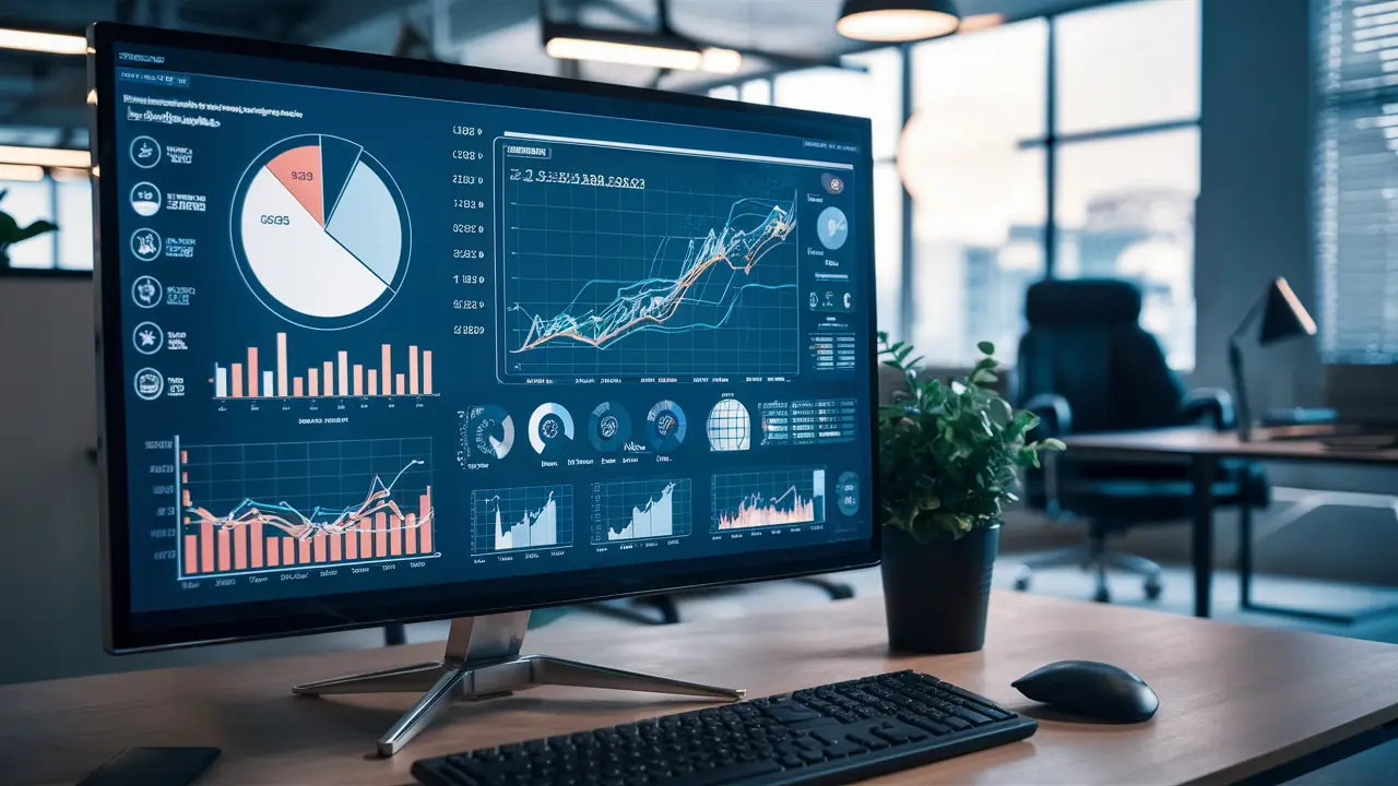 Tela de computador com gráficos financeiros, incluindo gráfico de pizza, barras e linhas, em ambiente de escritório moderno.