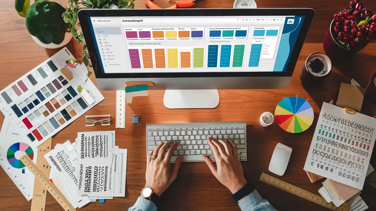 Computador com painel do Power BI e amostras de cores, roda de cores e fontes em uma mesa.