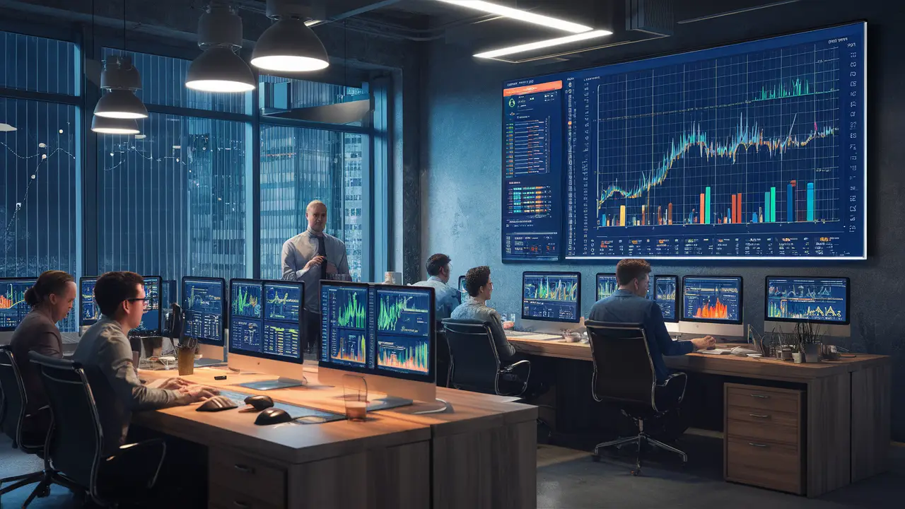 Computadores em escritório moderno exibindo gráficos do Power BI com tela grande de dashboard automatizado ao fundo.