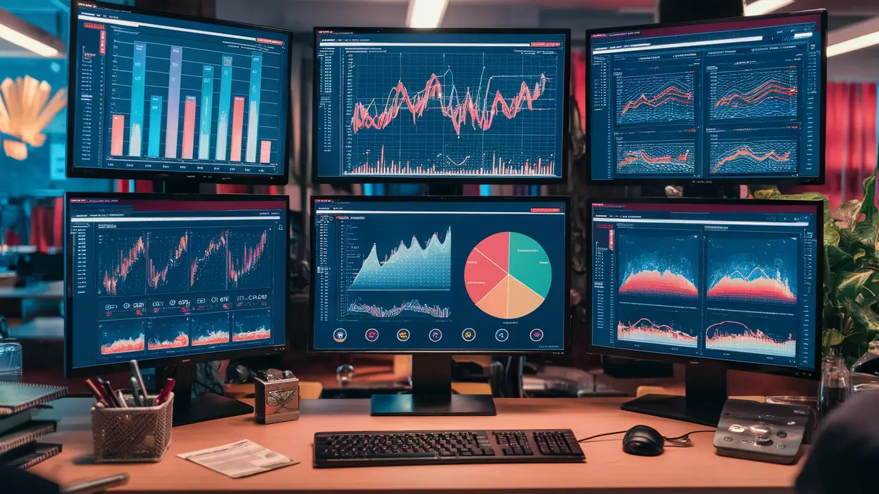 Gráficos de barras, linhas, pizza e dispersão em monitores em um escritório colorido.