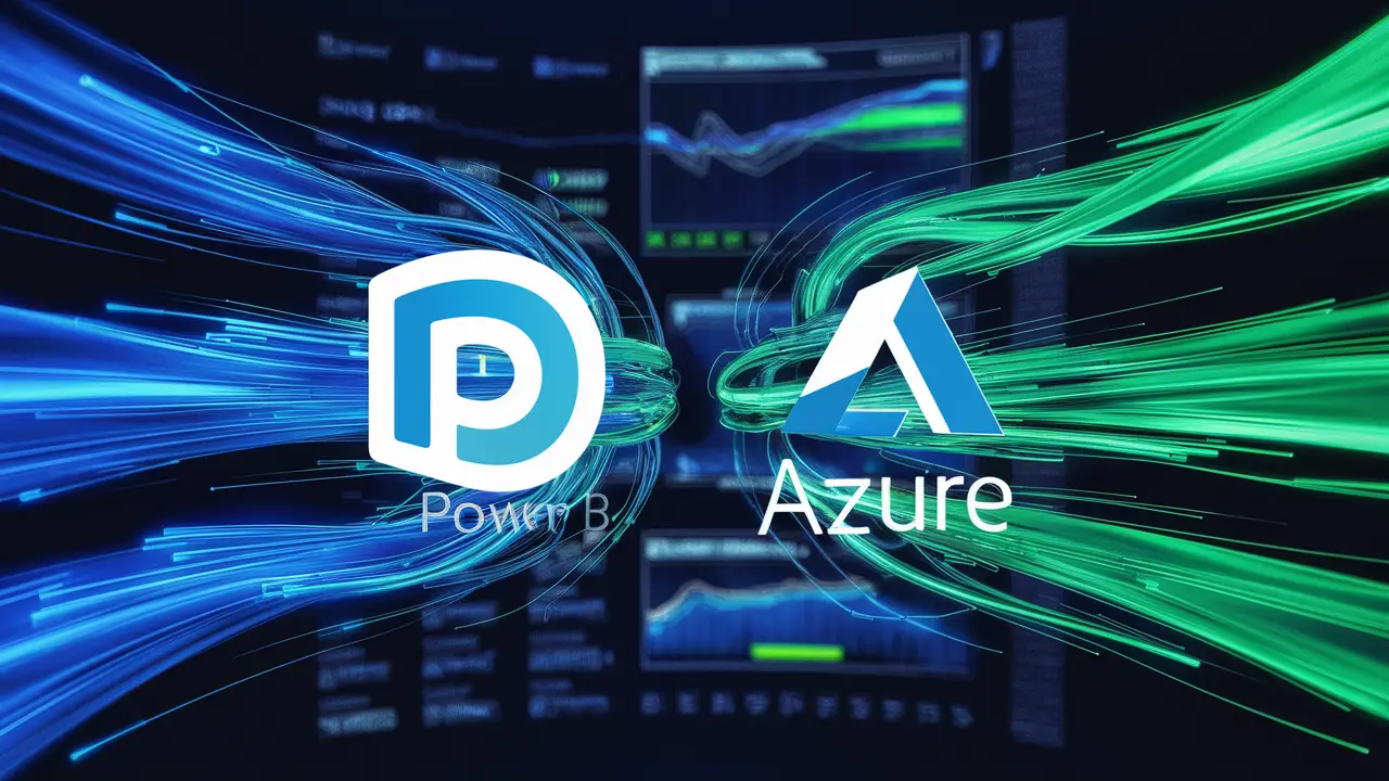 Interface de painel digital com logotipos do Power BI e Azure conectados por fluxos de dados em azul e verde.