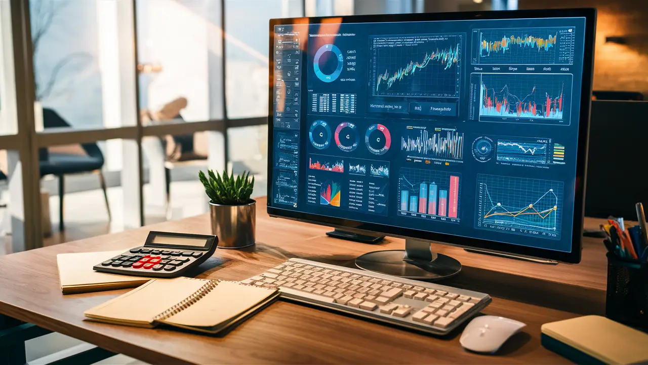 Tela de computador exibindo um dashboard financeiro detalhado com gráficos coloridos, calculadora e bloco de notas em mesa de madeira.