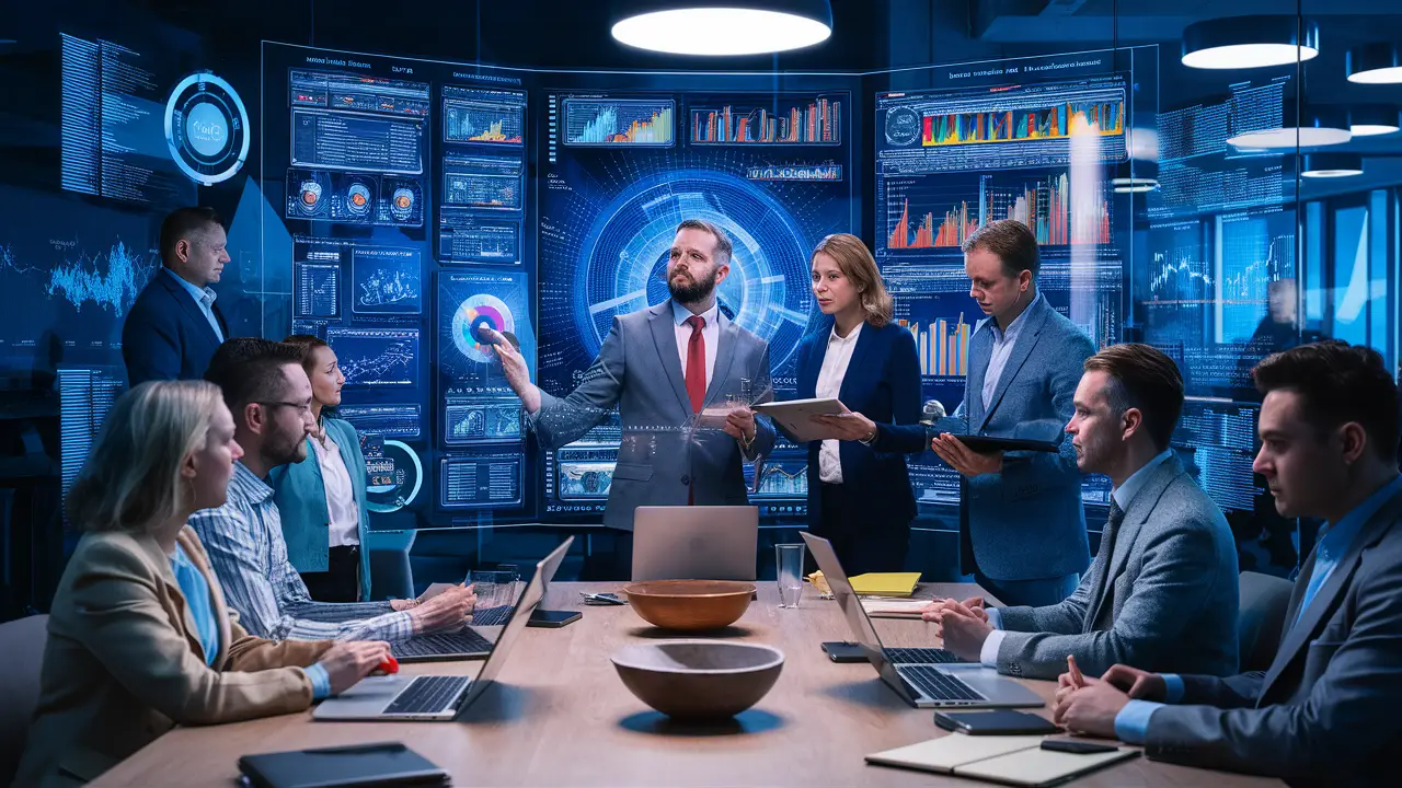 Profissionais analisando dados em um escritório moderno com uma tela digital interativa exibindo gráficos coloridos.