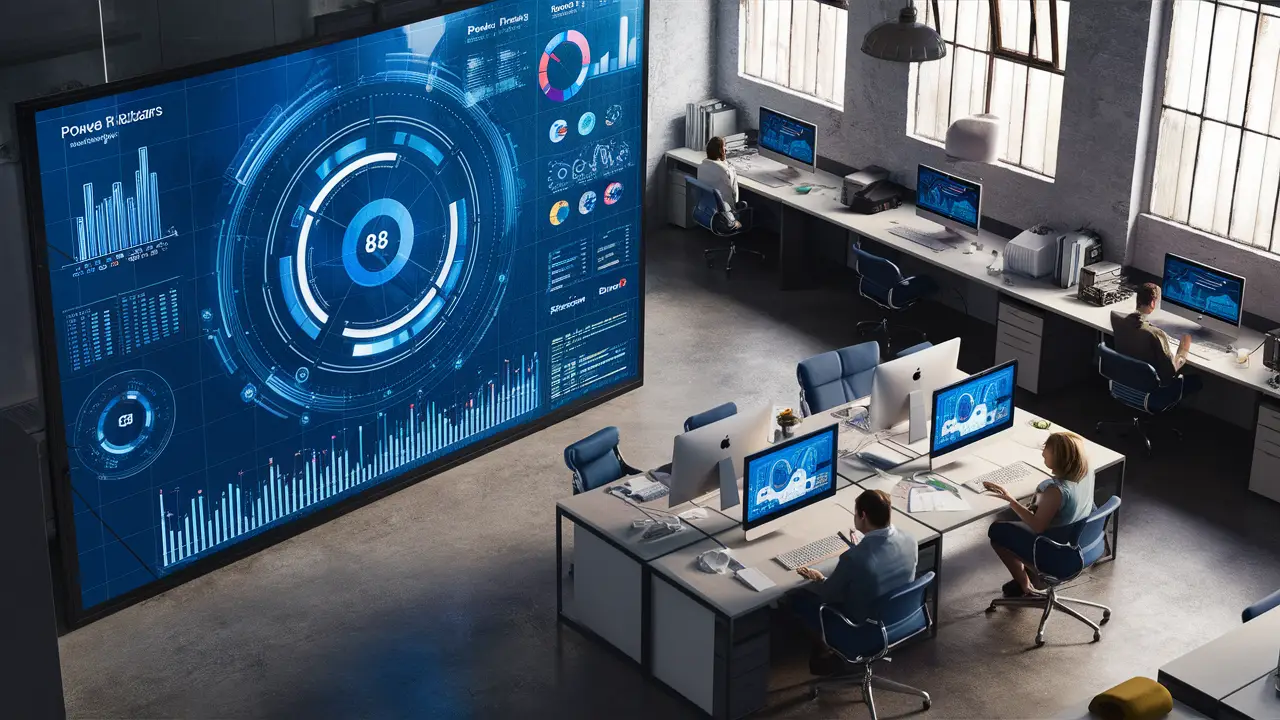 Painel interativo com dashboards do Power BI em uma tela digital grande em escritório moderno e minimalista.