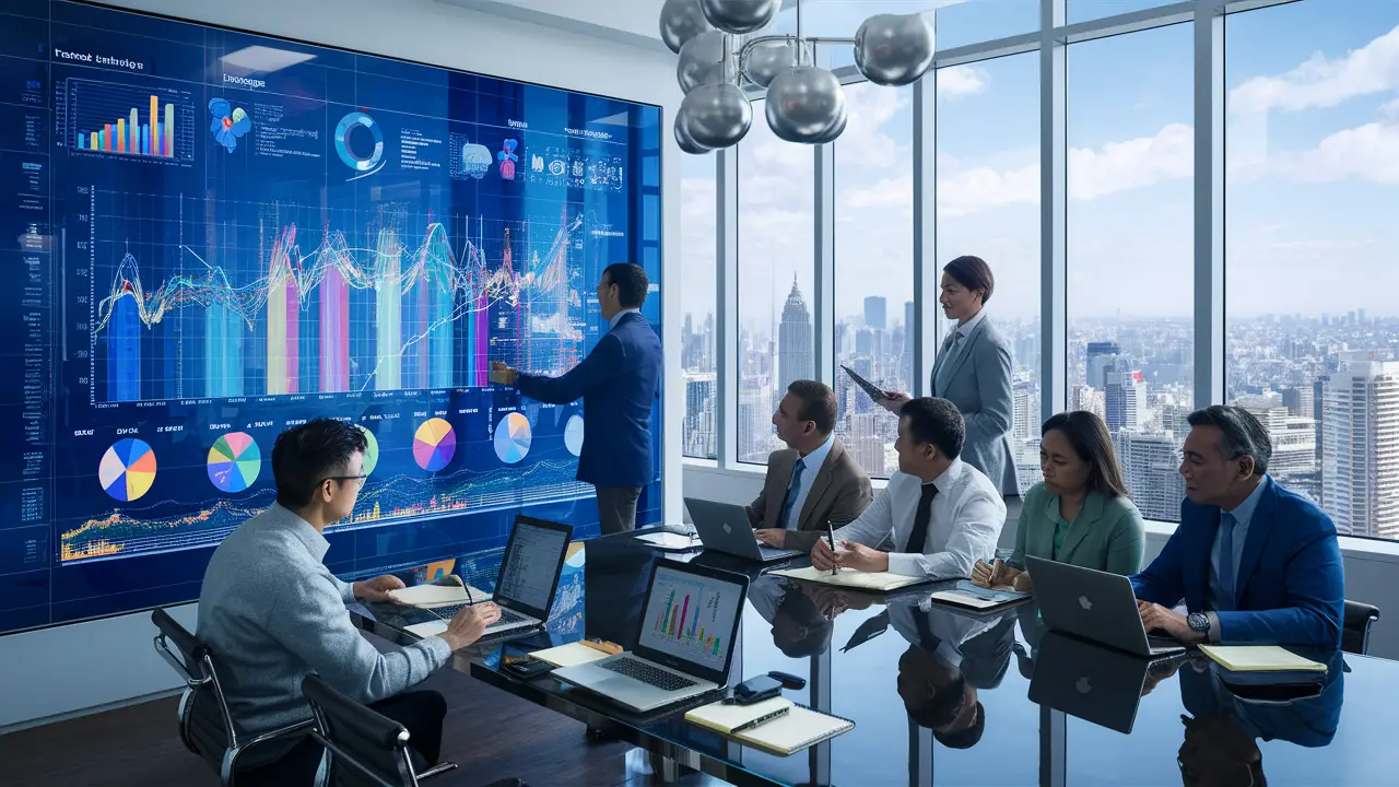 Pessoas analisando gráficos em tela digital interativa em um escritório moderno com vista para o horizonte da cidade.