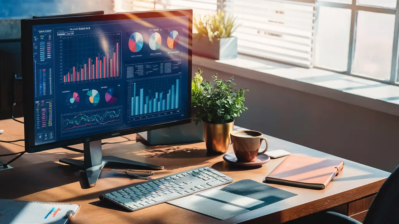 Estação de trabalho com monitor exibindo gráficos coloridos, xícara de café e caderno ao lado, planta no canto e luz solar suave.