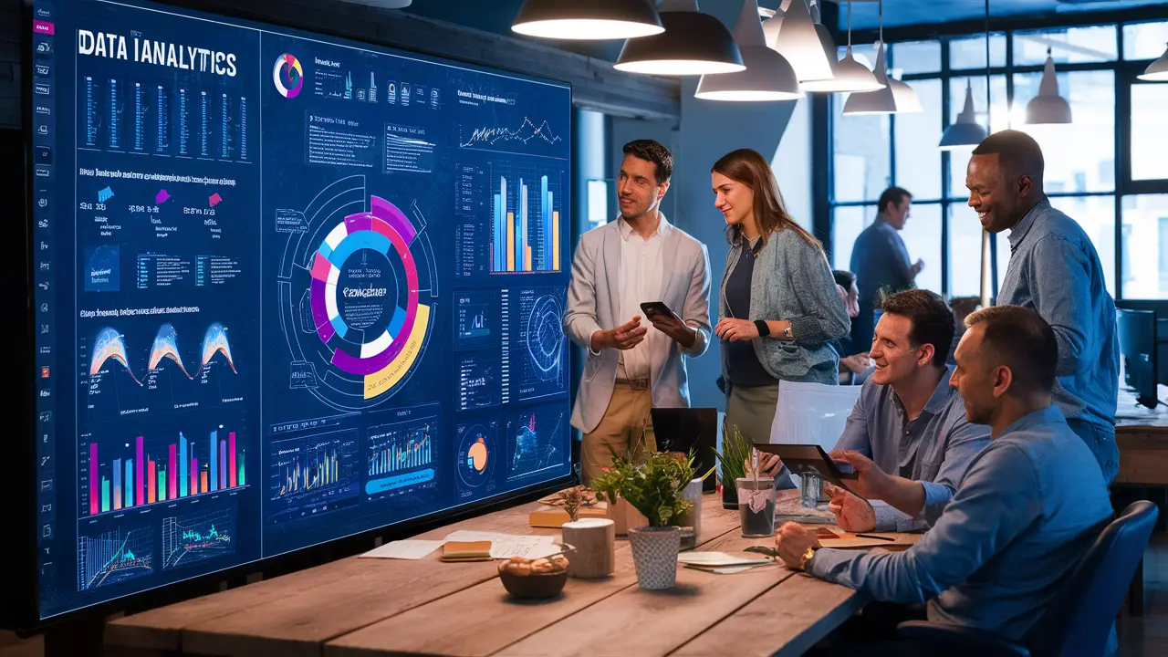 Pessoas diversas em um escritório colaboram em torno de um painel digital interativo com dados do Power BI.