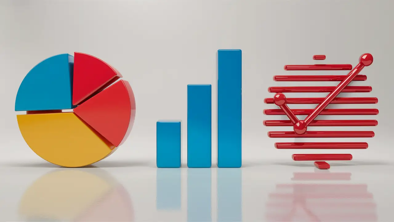 Três gráficos de visualização de dados em fileira, incluindo gráfico de pizza, gráfico de barras e gráfico de linhas.