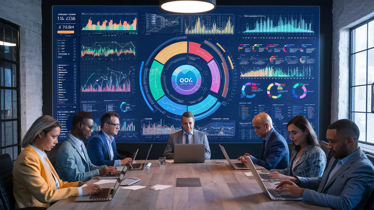 Painel digital com gráficos do Power BI em um escritório moderno.