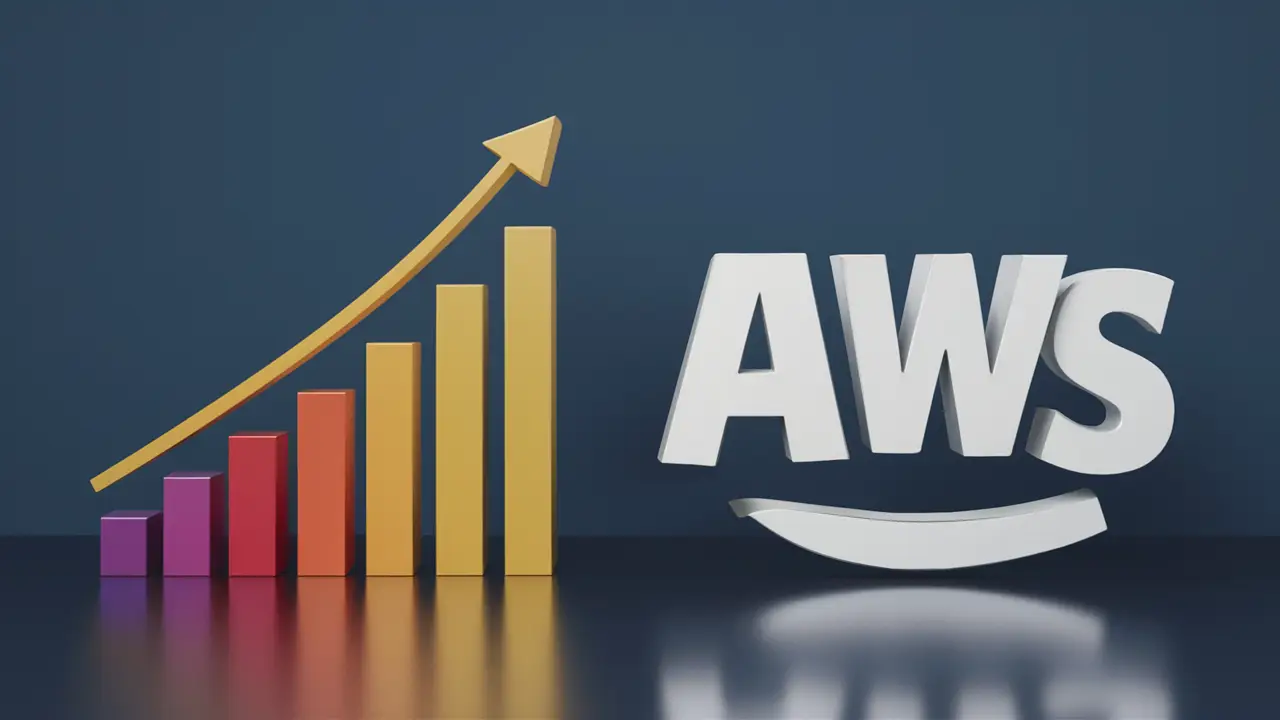 Gráfico de barras colorido ao lado do logotipo da AWS em fundo azul claro.